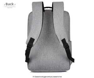 Back view of gray waterproof laptop backpack with S-shaped padded shoulder straps