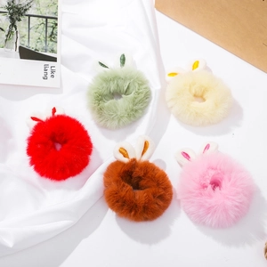 Plush faux rabbit fur scrunchies set in candy colors with cute bunny ear decorations