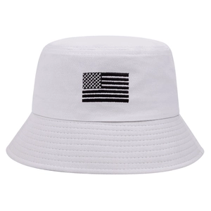 White cotton bucket hat with American flag embroidery, summer outdoor sun protection style