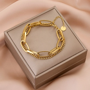 Elegant 18K gold plated double layer chain bracelet with large oval links on jewelry box
