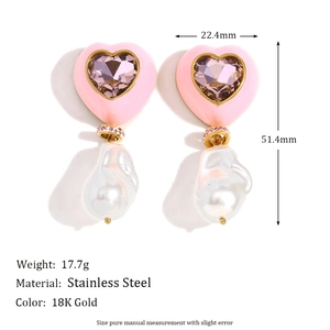 Pink heart enamel earrings with baroque pearls and 18K gold plated stainless steel