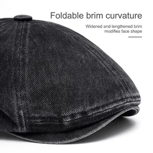 Black washed cotton newsboy hat for men and women featuring a foldable wide brim design