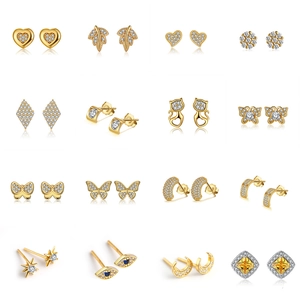 Set of 16 pairs of gold-plated stud earrings with sparkling cubic zirconia designs