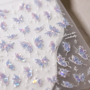Stereo relief 3D iridescent butterfly nail art stickers with laser purple and blue gradients