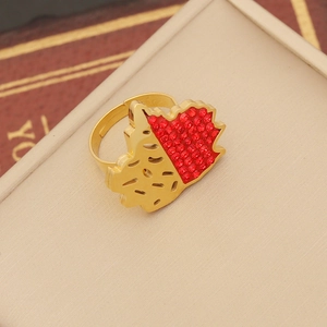 Golden maple leaf ring with red rhinestones and adjustable open band for women