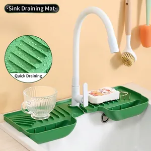 Silicone Faucet Splash Guard Sink Drainage Mat With Sponge Holder Rapid Drain Pad For Kitchen Bathroom Foldable