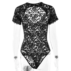 Rear view of black lace bodysuit featuring short sleeves and a thong cut on a mannequin