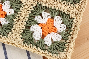 Gros plan sur le motif floral au crochet avec pétales orange et bordures tricotées