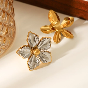 Close-up of dual-tone flower rings with metallic petals and textured gold accents