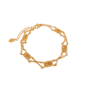 French vintage gold double-layer bracelet with hollow floral squares and heart pendant