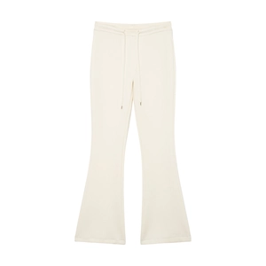 Detail of cream flared lounge pants showing adjustable drawstring waist and soft texture
