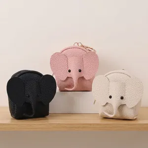 Cute Elephant Mini Coin Purse Earphone Case PU Leather Litchi Pattern Cartoon Animal Shaped Small Wallet With Hook