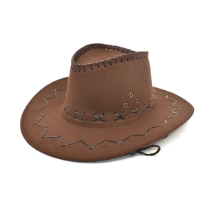 Detail of dark brown faux suede cowboy hat showing decorative stitching and wind rope