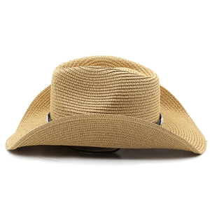 Detail of hand-woven straw cowboy hat with black band and symmetric metal buckles