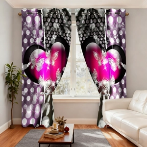 Detail of purple pink gradient blackout curtain with heart butterfly diamond patterns