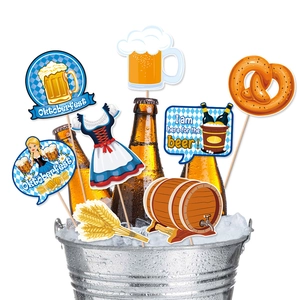 Oktoberfest photo booth props set with beer motifs in a bucket filled with ice