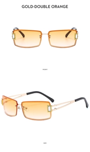 Detailed front and side views of gold square rimless sunglasses with orange gradient lenses
