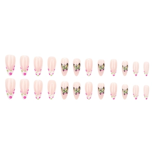 Almond shaped press-on nails featuring floral French tips and butterfly pattern designs