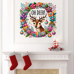 Christmas Reindeer Wreath Wall Sticker PVC Waterproof Self Adhesive Cartoon Floral Art Decal For Living Room Kids Room