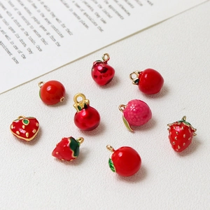 Red enamel fruit charms including strawberry and peach with gold finish for DIY jewelry