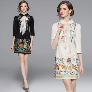 Women Elegant Midi Dress Heavy Floral Embroidery Bow Tie Neckline Doll Collar Slim Fit A-Line Quarter Sleeve Polyester