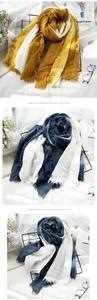 Detail of soft cotton linen scarf with gradient patchwork design and frayed edges
