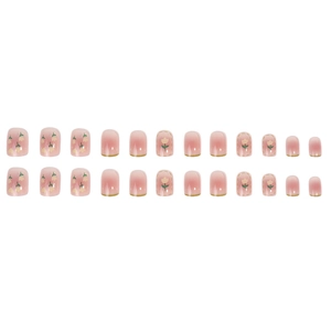 Pink gradient press-on nails featuring hand-painted yellow tulips and French tip details