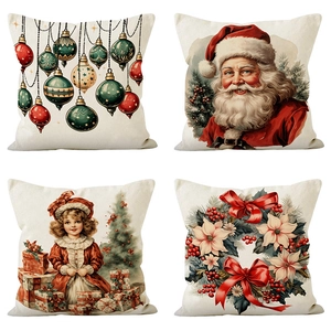 Christmas Pillow Cover Santa Claus Vintage Linen Decorative Cushion Case For Sofa Holiday Home Decor Ornament