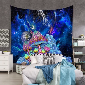 Detailed view of bohemian mushroom tapestry with glowing plants on a bedroom wall