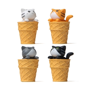 Set of four miniature cat figurines sitting in waffle ice cream cones for garden decor
