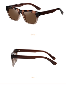 Detail views of amber tortoise shell polarized sunglasses at 45-degree side and back angles
