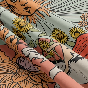 Detailansicht des gewebten Stoffes mit böhmischem Sonnen- und Blumendruck-Muster