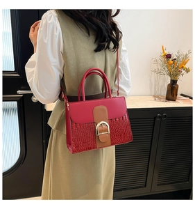 Detail der rot-braunen Kroko-Handtasche mit goldener Schnalle an einem Model