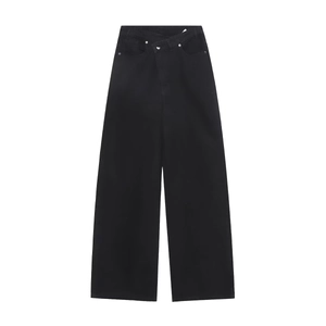 Women's black high waist wide leg jeans featuring a unique crossover button waist design