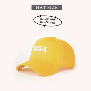 Guide des tailles détaillé pour casquette USA jaune montrant la circonférence de 56-58 cm