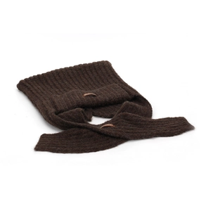 Soft brown knitted winter hood hat and scarf set with integrated ear protection
