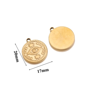 Macro view of gold stainless steel evil eye and star pendant with 20mm height dimensions