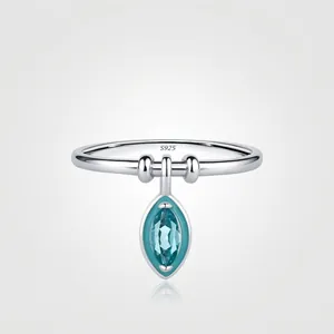 925 Sterling Silver Ring With Light Blue Marquise Gemstone Dangle Charm Geometric Vintage Minimalist Jewelry For Women