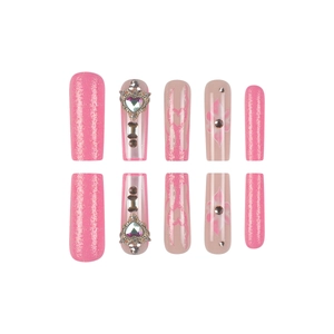 Pink press-on nails set with 3D heart rhinestones and floral gradient glitter design