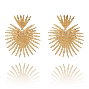 Elegant gold radial sunburst fan earrings with textured metallic finish on white background