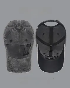 Detailed view of gray washed denim baseball cap with USAF 3D embroidery and inner sweatband