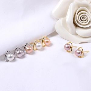 Natural Freshwater Pearl Stud Earrings Triangle Geometric Style With 925 Sterling Silver Earring Post For Women Elegant