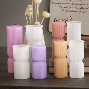 Detailed view of ribbed pillar candle silicone mold with elegant striped wax finish