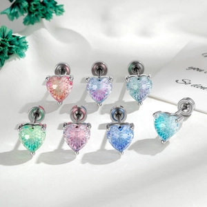 Heart Ear Cartilage Stud Gradient Zircon Fireworks Cut Copper Piercing Earring With Screw Back For Women Niche Style