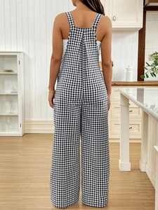 Back view of maternity wide-leg jumpsuit with classic black and white plaid pattern
