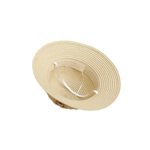 Children's straw sun hat with wide brim, bear glasses patch and elastic wind rope