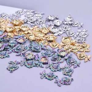 Bulk rose-shaped stainless steel charms in silver, gold and rainbow colors for jewelry making