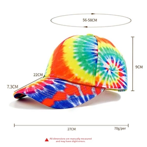 Tie-dye baseball cap size details showing 56-58cm circumference and 7.3cm brim length