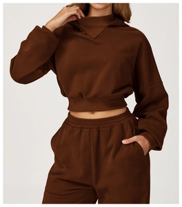 Detail view of coffee-colored cropped hoodie and high-waisted joggers lounge set