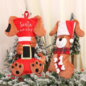 Festive plush dog Christmas stockings with Santa embroidery and red plaid scarf decor